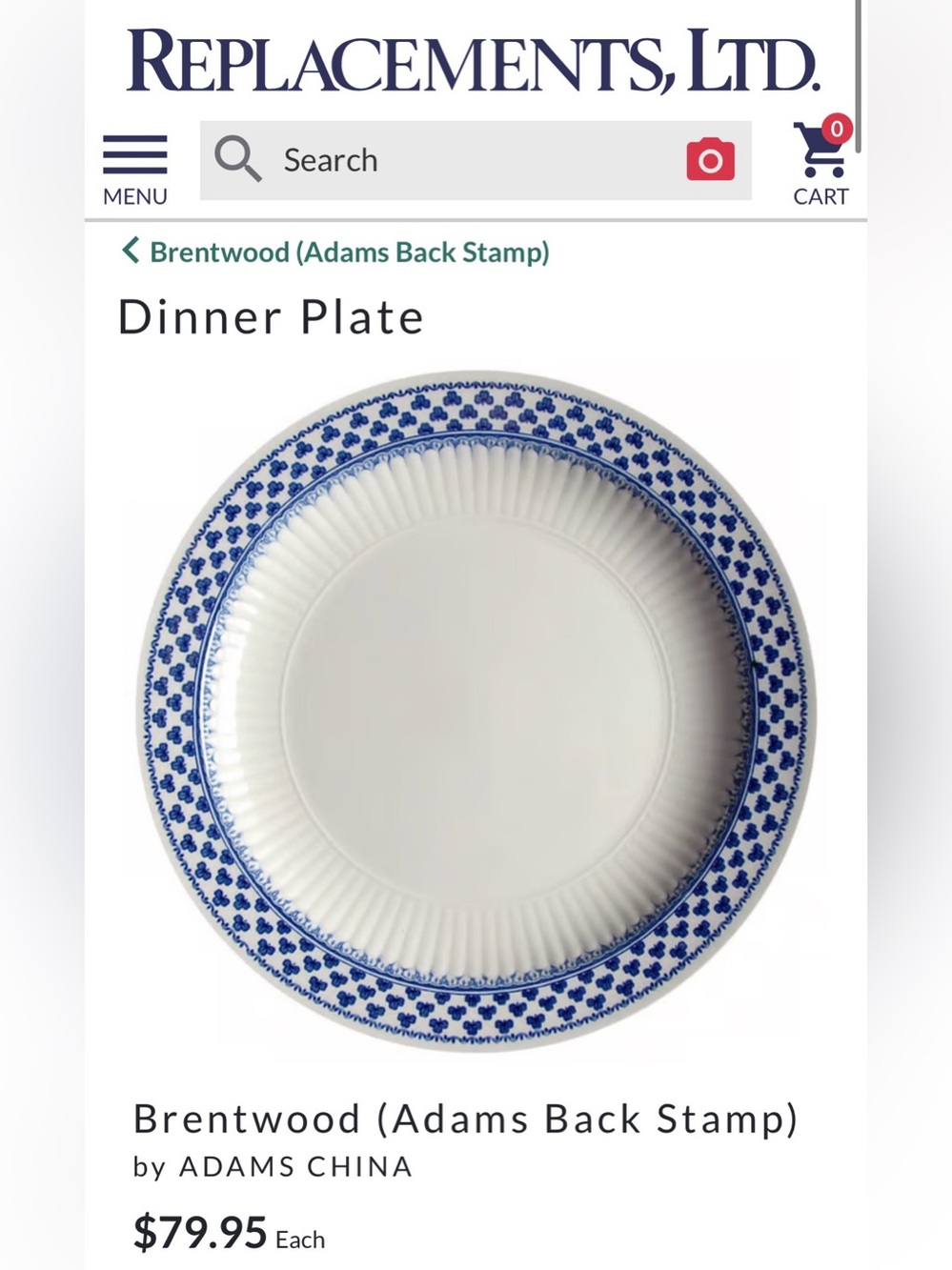 Vintage Ironstone Brentwood (Adams Back Stamp) 10 1/8 Dinner Plate Blue + White